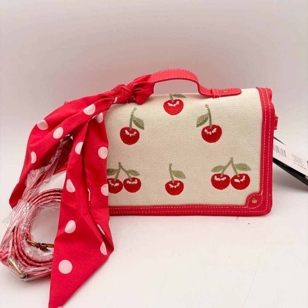 Steve Madden BMAZIE Cherry Embroidered Crossbody‎ Bag Red White Polka Dot Scarf - Picture 2 of 16